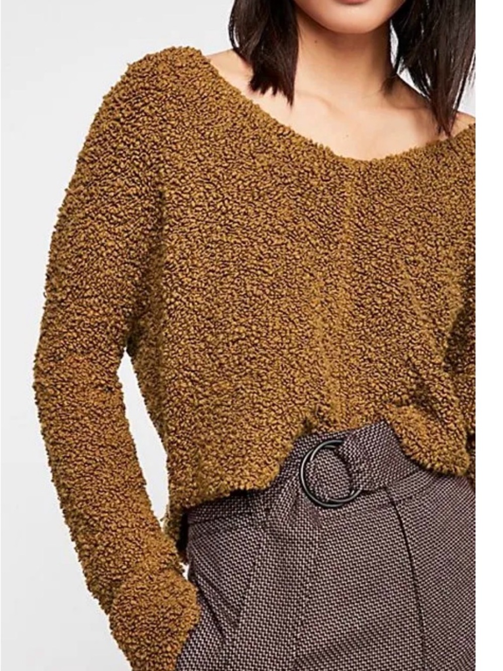 Free People Mustard Brown Cozy Textured Crewneck Sweater